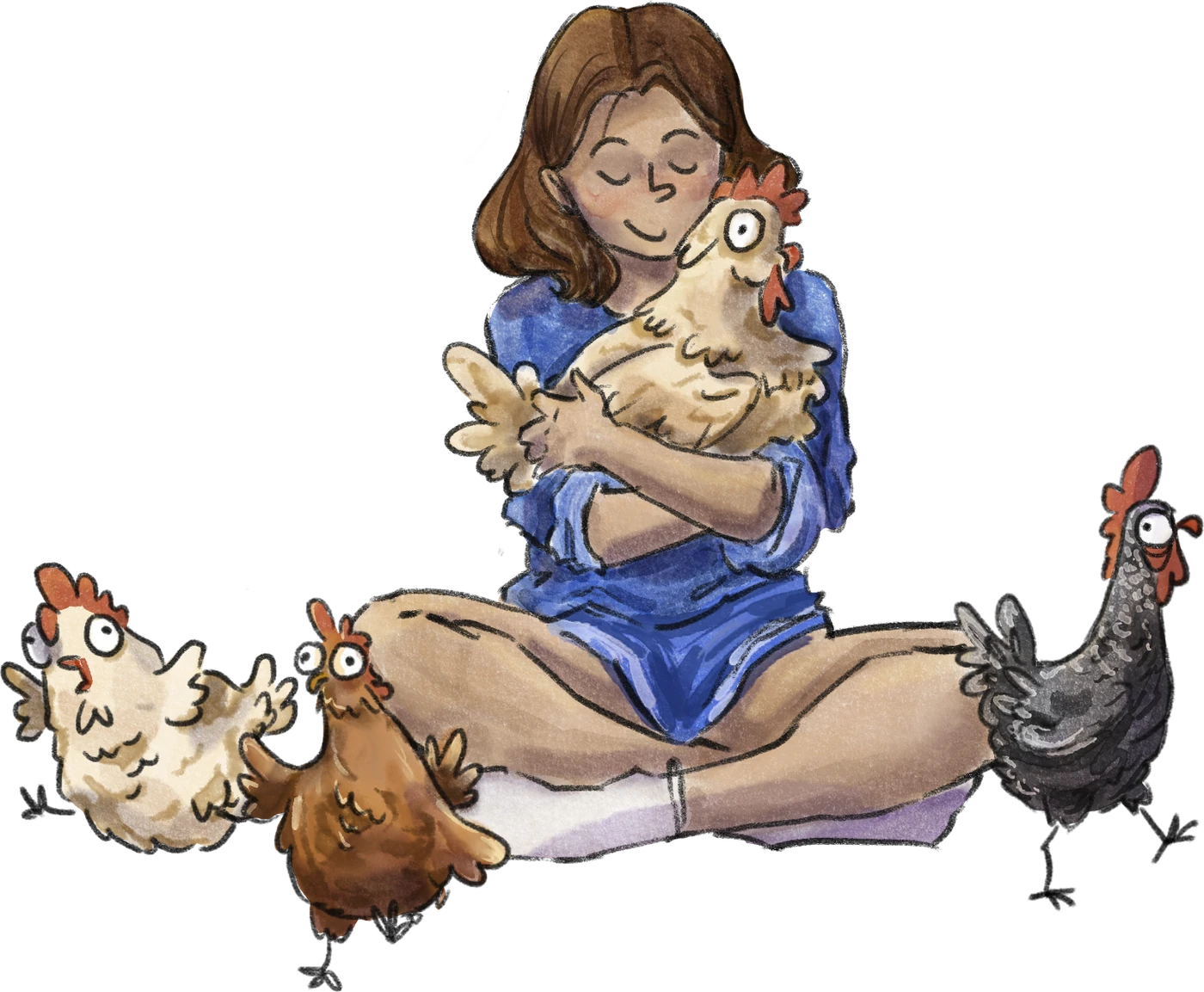 Illustration of Lucía sitting cross-legged, hugging a chicken, with three more chickens around her
